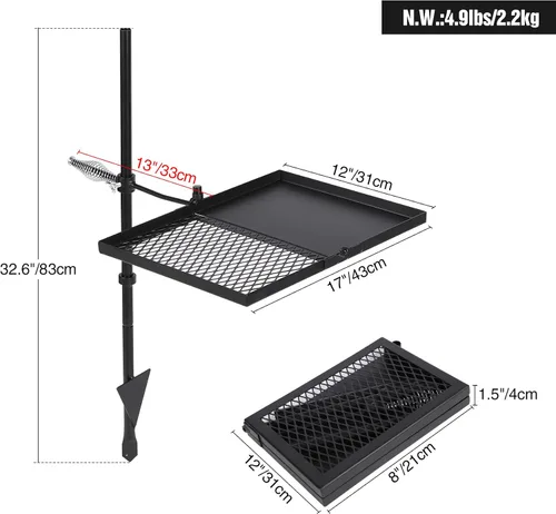 Vista 2 de REDCAMP Parrilla plegable giratoria para fogata, parrilla portátil para fogata sobre foso, rejilla de acero resistente y estante para fogata