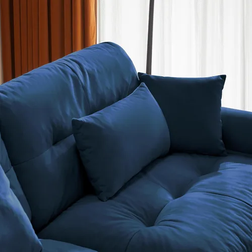 Vista 6 de Sofá de dos plazas de terciopelo azul moderno de gran tamaño con reposabrazos reforzados y almohadas decorativas para sala de estar, loft, oficina