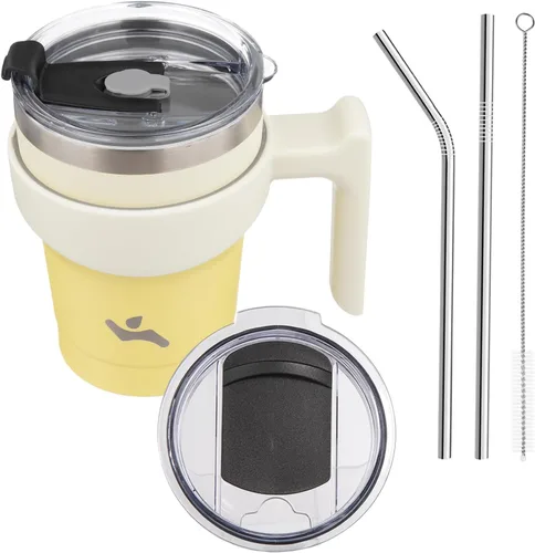 Vista 52 de Konokyo - Vaso de 10 onzas con asa y 2 popotes, 2 tapas, botella de agua aislada de acero inoxidable, taza de viaje reutilizable, color verde militar