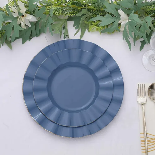 Vista 16 de Tableclothsfactory Paquete de 10 platos redondos de plástico negro de 6 pulgadas para ensalada de postre, platos desechables con borde ondulado