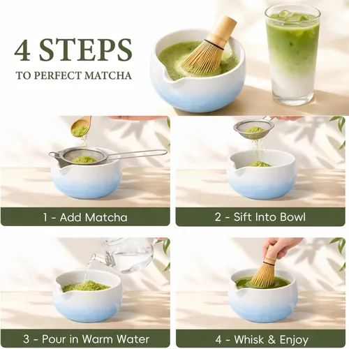 Vista 4 de Juego de batidor Matcha con cuenco de cerámica y cazador de bambú Azul
