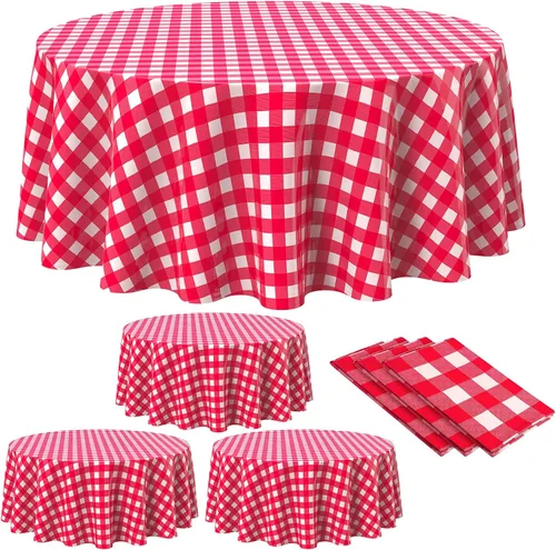 Vista 13 de Remagr Mantel Desechable de Cuadros Redondo de Plástico Buffalo Plaid Mantel de Mesa de 84'' Cubierta de Mesa Gingham para Picnic Camping BBQ Fiesta