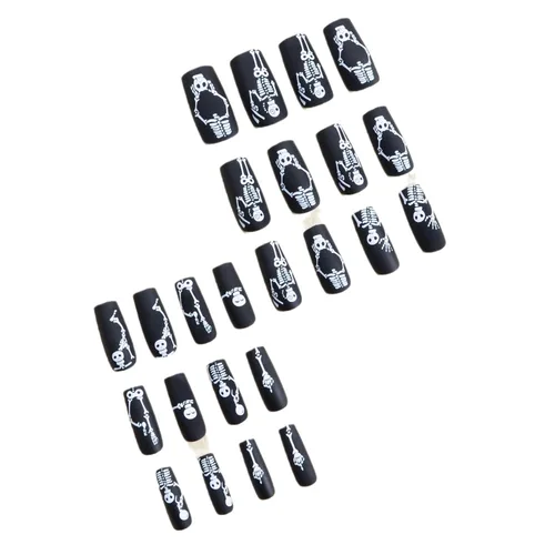 Vista 2 de Uñas postizas a presión de Halloween, largas, cuadradas, negras, de cobertura completa, con diseño de esqueleto blanco, uñas postizas con pegamento