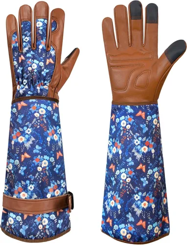 Vista 9 de DLY Guantes de jardinería para mujeres, guantes para rosas resistentes a espinas, guantes largos de jardín para mujeres, guantelete de cuero vacuno