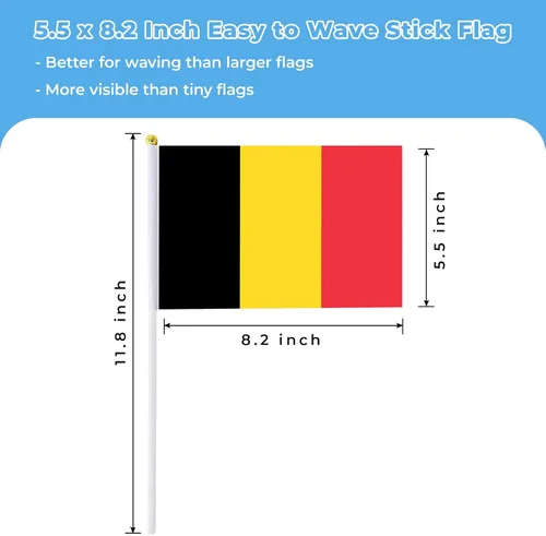 Vista 2 de Bandera de Bélgica, pequeña bandera de Bélgica en palo, ideal para fiestas, desfiles, eventos deportivos, decoraciones de festivales patrióticos
