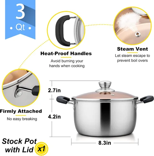 Vista 3 de E-far Olla de 3 cuartos de galón, olla de sopa de metal de acero inoxidable con tapa de vidrio para cocinar, saludable y libre de óxido, resistente