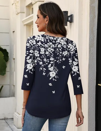 Vista 4 de Zeagoo Camisetas de manga 3/4 para mujer, cuello en V, blusa casual elegante, camisetas básicas 2026, ropa de moda S-2XL