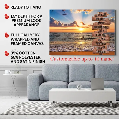Vista 5 de My Soul And Spirit Store - Lienzo de primera calidad personalizado con varios nombres y puesta de sol sobre la playa, lienzo personalizado