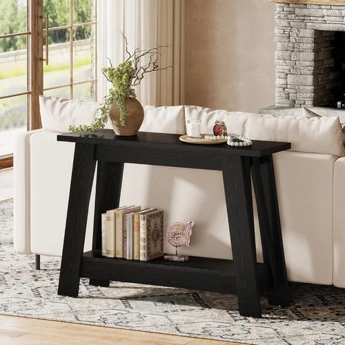 Vista 3 de Tribesigns Mesa consola de granja de 41.3 pulgadas, mesa de entrada de madera de 2 niveles con almacenamiento, rústica estrecha detrás del sofá