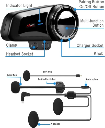 Vista 2 de QSPORTPEAK M2 - Kit de intercomunicación Bluetooth para casco de motocicleta, sistema de comunicación Bluetooth 5.0 de 1000 M hasta 6 conductores