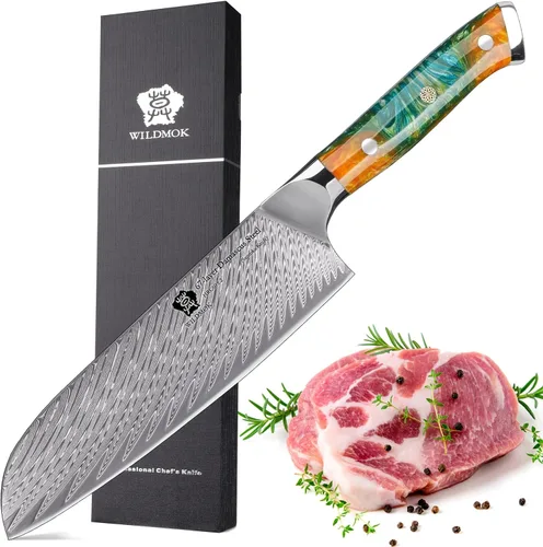 Vista 10 de WILDMOK Cuchillo Santoku, cuchillo de cocina japonés forjado de damasco de 7 pulgadas, cuchillo de cortar profesional, diseño de mango afilado