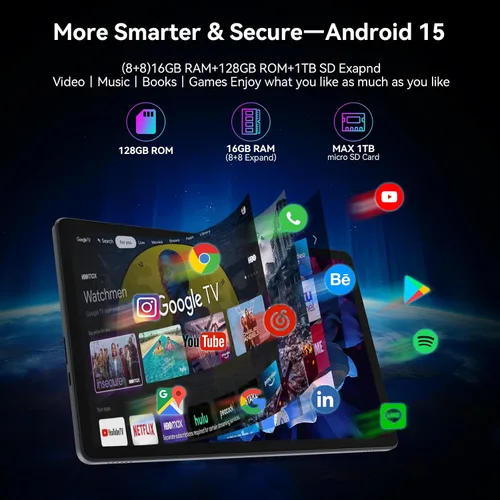 Vista 3 de Tablet de 11 pulgadas versión 2026, tabletas Android 15 con teclado, 16 (8+8) GB de RAM 128 GB ROM 1TB Expand, tableta WiFi 2.4G/5G con BT 5.0