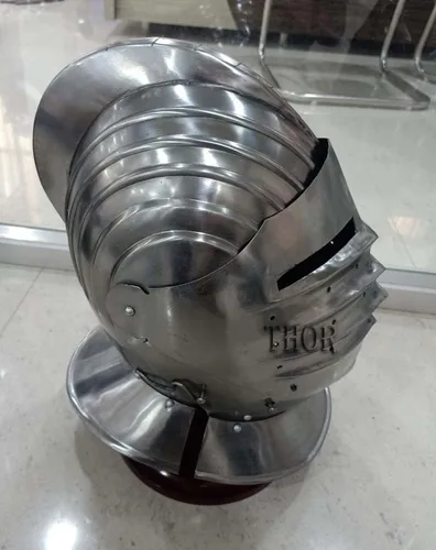 Vista 2 de THOR INSTRUMENTS Casco medieval vintage plata bascinet cerdo armadura cara casco Halloween recreación réplica con soporte