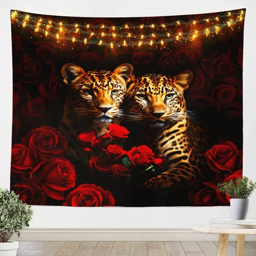 Vista 6 de Tapiz femenino de flores de rosas rojas, tapiz de pared para el día de San Valentín, decoración de habitación de niñas y mujeres, cielo estrellado