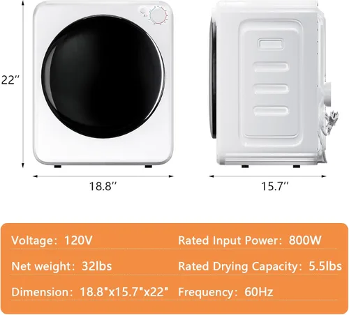 Vista 3 de Secadoras de ropa compactas de 800 W, 1.6 pies cúbicos de carga frontal, secadora de ropa eléctrica con bañera de acero inoxidable