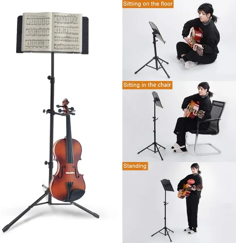 Vista 2 de Klvied Atril Plegable Portátil para Partituras con Colgador de Violín, Negro Negro. Ligero y fácil de transportar para la práctica