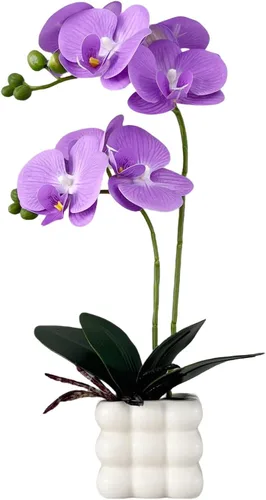 Vista 10 de Orquídeas artificiales Floreros de plata, orquídeas artificiales, orquídea naranja, altura 20 pulgadas
