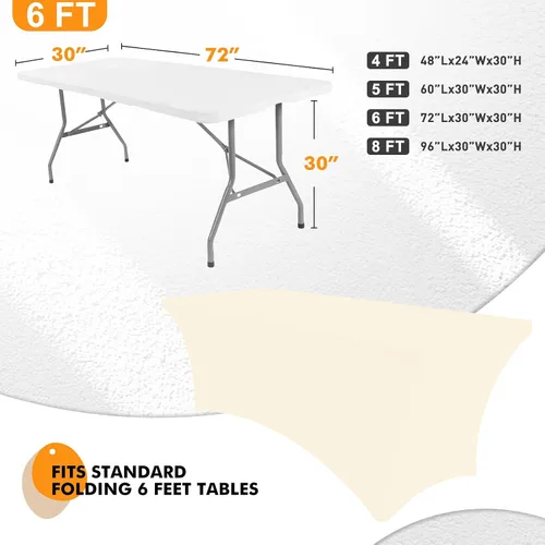Vista 2 de Paquete de 2 fundas de mesa ajustadas rectangulares de spandex de 6 pies, color beige, mantel de tela elástica sin arrugas para fiestas, ferias