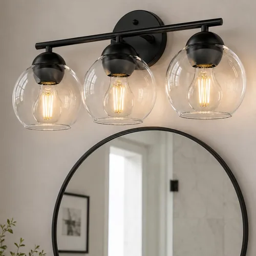 Vista 10 de Emak Lámpara de baño negra de 2 luces sobre el espejo, luces de tocador de baño con pantalla de vidrio transparente, VL114-BKL-2