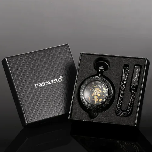 Vista 5 de Steampunk esqueleto mecánico de cobre Fob Retro reloj de bolsillo, Negro -, Mecánico