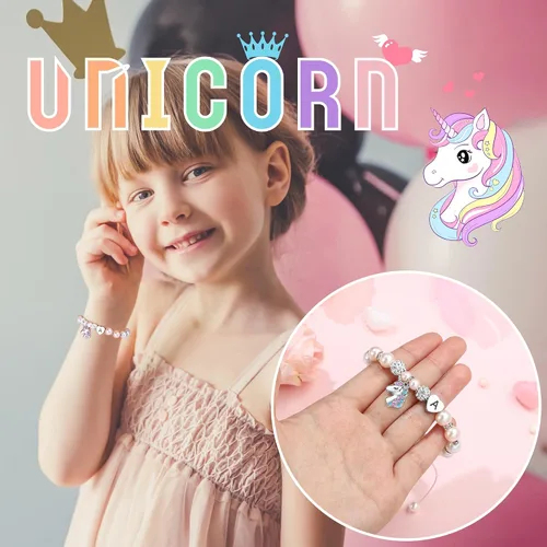 Vista 3 de Hidepoo Pulsera de unicornio - Pulsera de perlas rosas y bolas de diamantes de imitación con inicial de corazón, pulseras de unicornio, joyería