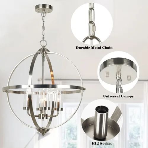 Vista 3 de Treekee Candelabro Globo de 20'', Candelabros de Níquel Cepillado, Candelabro Orbe Moderno de 4 Luces, Lujosa Lámpara Colgante con Pantalla