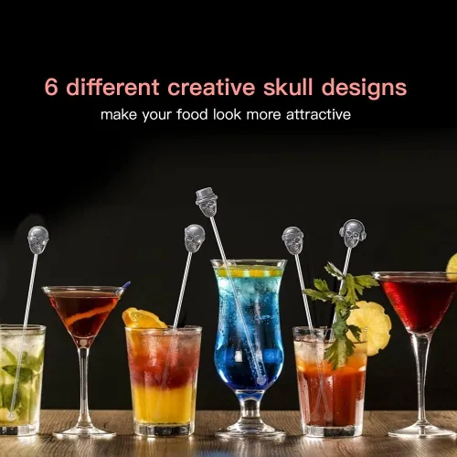 Vista 6 de Palitos Swizzle con forma de calavera, reutilizables, de acero inoxidable, agitadores de bebidas para café, cóctel, paquete de 5 palitos