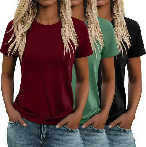 Vista 32 de Huukeay Paquete de 3 camisetas de algodón para mujer, estilo casual, de manga corta, cuello redondo, ajuste holgado, básica, lisa