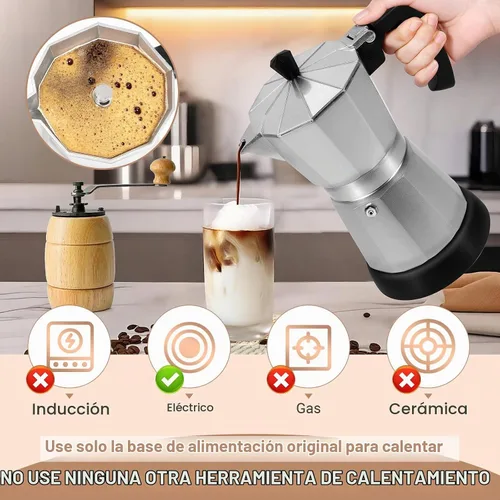Vista 4 de Cafetera Moka Eléctrica de Aluminio Plateado, Cafetera de Espresso de 3 o 6 Tazas con Placa de Reducción de Dosis