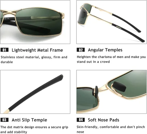 Vista 3 de SUNGAIT Gafas de sol polarizadas ultraligeras para hombre, marco de metal rectangular con bisagra de resorte