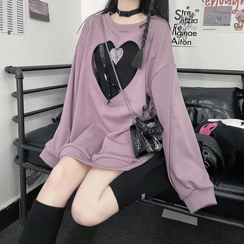 Vista 7 de YEMOCILE Women's Harajuku Kawaii Crew Neck Sweatshirt Oversized Japanese Style Gothic Heart Hollow Tops Pullover