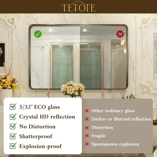 Vista 12 de TETOTE Espejo de marco dorado cepillado de 16 x 24 pulgadas, espejo de tocador de baño de latón dorado para pared, espejo enmarcado rectangular