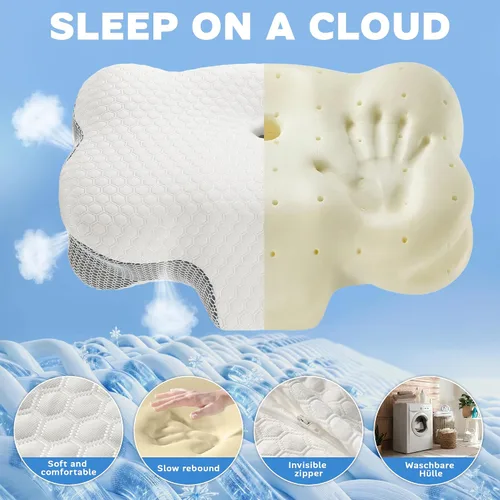 Vista 6 de Almohada cervical de espuma viscoelástica para soporte del cuello, almohada ergonómica de contorno para dormir de espalda y de lado, espuma Blanco