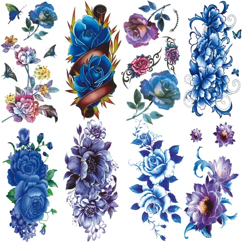 Vista 10 de Tatuaje temporal impermeable de 10 brazos rosa rojo rosa rosa flor grúa palabras + 7 hojas de cuello lindo hoja de nube
