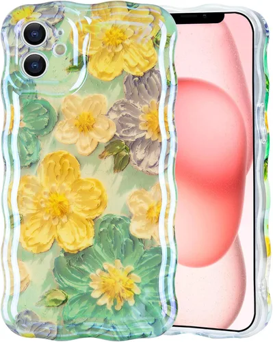 Vista 44 de IDweel Funda para iPhone 11, Lujosa Pintura al Óleo Retro Colorida con Patrón de Flores Brillantes Impresas, Lindo Borde Ondulado Rizado, Exquisita