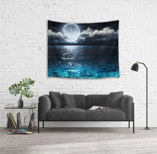 Vista 3 de LB Tapiz de cielo nocturno y océano, tapiz de luna llena sobre el agua, tapiz para colgar en la pared, tapiz de fantasía mágica de acuarela 3D, arte
