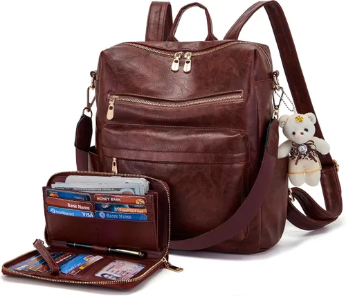 Vista 16 de Soperwillton Bolso de mochila para mujer. Bolsos de mano con diseño multiusos. Bolsa de hombro de cuero sintético. Bolsa de viaje. Juego de 2