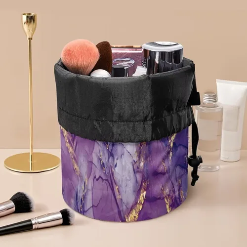 Vista 5 de COEQINE Bolsas de maquillaje con cordón, bolsas de gran capacidad para mujeres, bolsas de aseo femeninas para viajes y trabajo, Púrpura