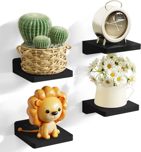 Vista 11 de SRIWATANA Pequeños estantes flotantes montados en la pared, estante de madera para decoración y almacenamiento, juego de 4, mini estante de Negro