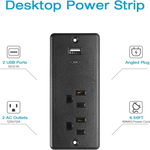 Vista 2 de HHSOET Regleta de alimentación empotrable de 20W con enchufe plano, enchufe de escritorio con USB, toma de corriente empotrada para conferencias