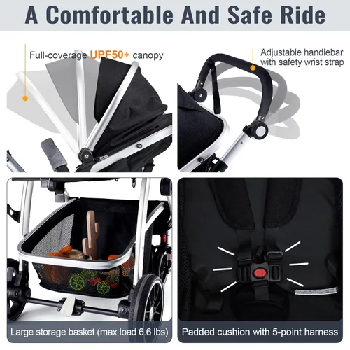 Vista 6 de Hagaday Cochecito de bebé, asiento reversible 2 en 1 para niños pequeños con modo moisés, cochecito infantil plegable con toldo, freno de un botón