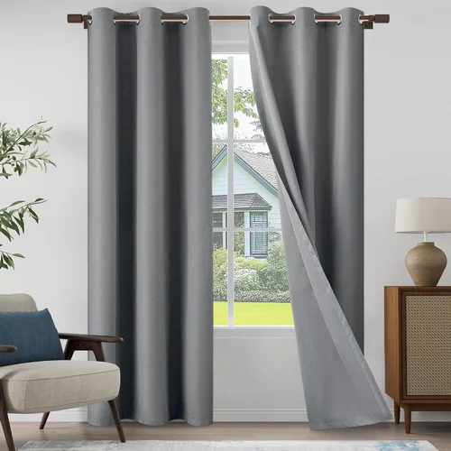 Vista 31 de Cortinas texturizadas de lino 100% opacas de 64 pulgadas de largo, juego de 2 paneles para granja, casa de campo, cortinas ligeras con ojales