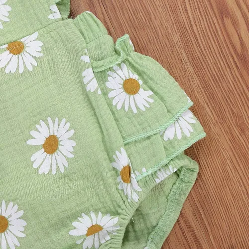 Vista 6 de Bebé Niñas Impresión Margarita Algodón Lino Volantes Sin Mangas Mameluco Mono Mono con Headaband Ropa Infantil Verano