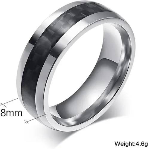 Vista 6 de Anillos de acero inoxidable negros para hombres, alianzas de boda para hombre, color plateado y negro, 0.315 in con incrustaciones de fibra