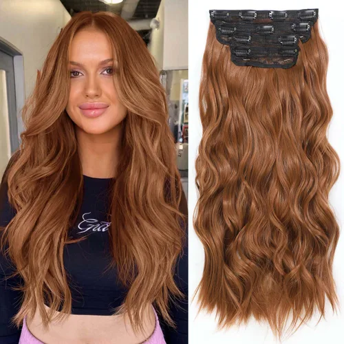Vista 18 de 4 piezas de extensiones de cabello rizado con clip, color dorado oscuro, mezcla de rubio beige, sintético de 20 pulgadas de largo, extensiones