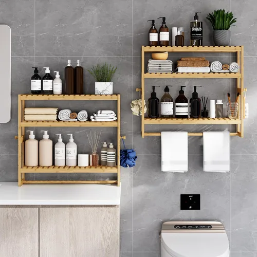 Vista 5 de RRX - Estante organizador de almacenamiento para baño, estante ajustable de 3 niveles, color beige Organizador de bambú para almacenamiento sobre