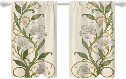 Vista 102 de Shrahala Art Nouveau Floral Pattern Blackout Curtain Tiers, Delicate Vine and Flower Design Kitchen Valance Light Blocking Tier Drapes with Rod