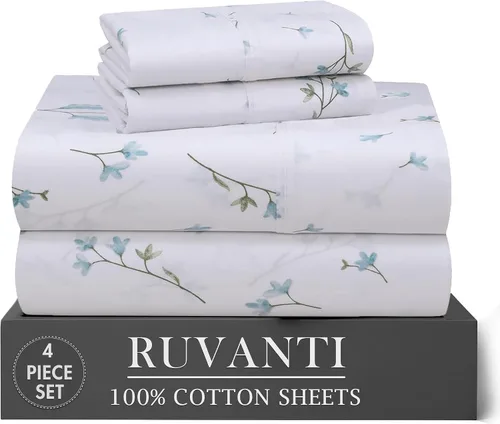Vista 51 de RUVANTI 4 piezas de sábanas de algodón - 100% algodón natural suave, ligero y transpirable, sábanas de percal crujiente, juego de sábanas Botanica
