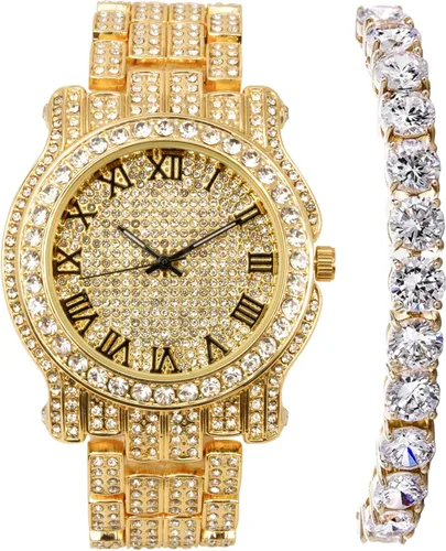 Vista 38 de Charles Raymond Bling-ed Out Ultimate Hip Hop Royalty Reloj para hombre con número romano de fácil lectura o indicadores de tiempo de diamantes