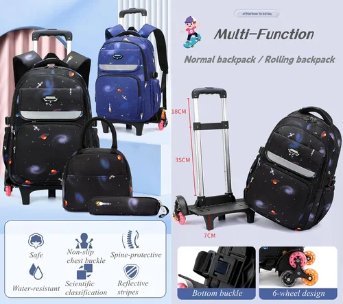 Vista 2 de Mochila escolar con ruedas con estampado de galaxias para niños de primaria, 3pcs-a-galaxy-6 ruedas-negro, Moderno
